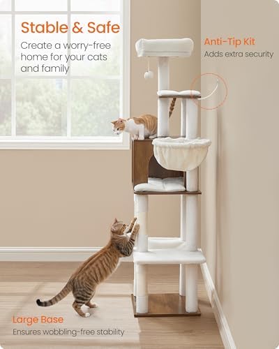 Feandrea Cat Tree, 65-Inch Tall Cat Tower, Multi-Level Condo with Cave
