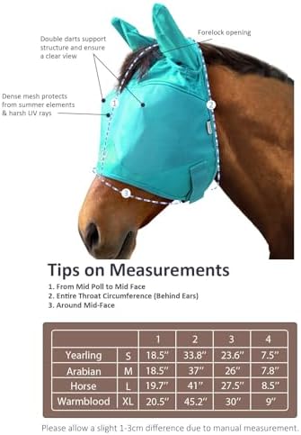 Harrison Howard UV-Proof Multi-Function Fabrics Thick Fleece Padding Horse Fly Mask Half Face with Ears Mint Arabian Medium