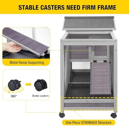 Aivituvin Rabbit Hutch Outdoor Indoor Rabbit Cage Chikcen Coop with Casters Guinea Pig Cage with 3 Deep No Leakage Pull Out Tray,Waterproof Roof
