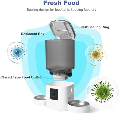ANDOLL HOME 2.4G/5G Automatic Cat Feeder, 6L WiFi Cat Food Dispenser with 10s Voice Recorder, Double Bowl Pet Feeder up to 10 Meals per Day, Timed Feeder with Dry Food Sealed Ring (White)