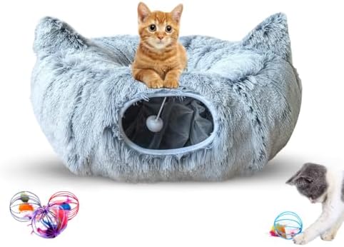 Cat Donut Tunnel Bed with 3pcs Mouse Ball Toy - Cat Tunnel for Under Christmas Tree & Cat Tunnel Bed Cave - Soft cat cave Bed – 3-in-1 Cat Tunnels for Indoor Cats, Kittens, Puppies, Rabbits (Grey)