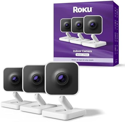 Roku Indoor Camera - Home Security - 3-Pack - Wired Security Camera & Pet Monitor with 1080p HD Color Night Vision, Compatible with Alexa & Google, Motion & Sound Detection, WDR & WiFi 6
