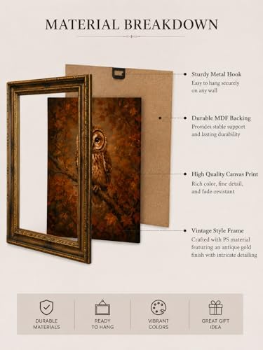 Framed Vintage Style Wall Art Rustic Forest Animal Elegant Owl Canvas Print Poster Farmhouse style artwork suitable for bedroom or living room 12x16 inches designed for wall hanging or tabletop display