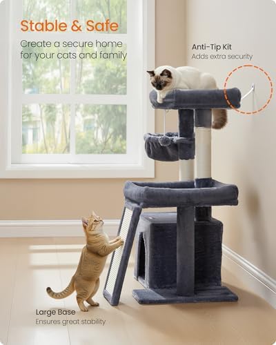 Feandrea Cat Tree, 33.8" Cat Tower, Scratching Posts and Ramp, Dark Gray