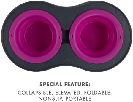 Dexas Pets Elevated Double Pet Feeder, Large, 2.5 Cup Capacity Bowls, Fuchsia, Raised Pet Food and Water Bowls