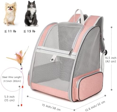 Cat Backpack Carrier, Large Pet Backpack with Kitten Wand Feather Toy for Medium Small Dog Cat Puppy Kitty Bunny up to 15lbs, Ventilated Mesh Dog Travel Carrier for Hiking Walking Outdoor Use (Pink)