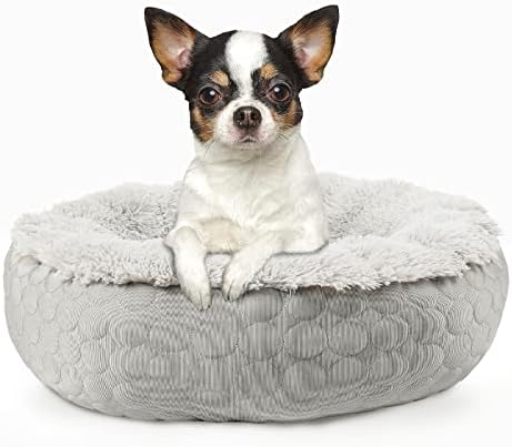 Hachikitty Dog Donut Round Calming Bed, Fluffy Bed for Medium Large Dogs, Double Sided with Warm & Cool Sides (24"x24"x7", Grey)