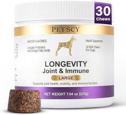 Petscy Longevity Hip & Joint + Immune Support for Dogs - Large (7.5g Chew) - High Dose Glucosamine, MSM, Chondroitin, Green Lipped Mussel, Omega 3, Probiotics - 30 Chews (Large Dogs)