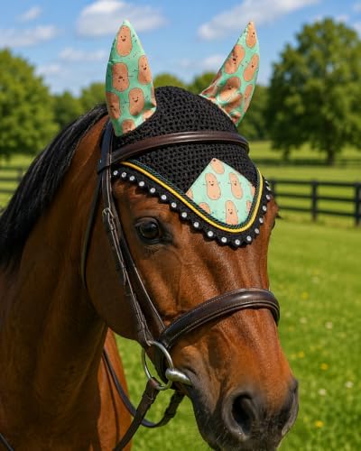 Horse Ear Bonnet for Horses, Floral Print Fly Bonnet with Crystal Edge, Handmade Crochet Fly Veil, Breathable Stretch Ears (Sweet Potato Print, COB)