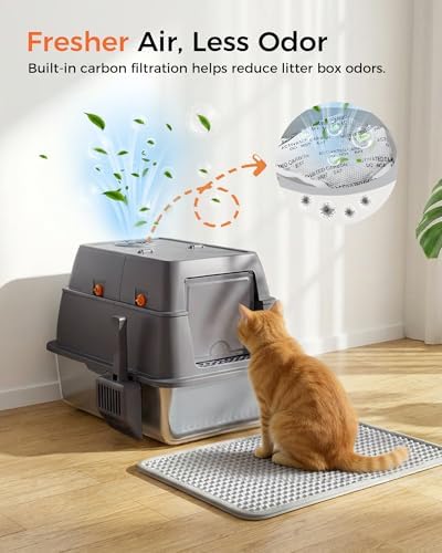 GTPLAYER XXL Stainless Steel Cat Litter Box with Lid, High Sided Enclosed Cat Litter Box, Activated Carbon Odor Control, Extra Large Metal Litter Box, Anti-Leak, with Mat, Scoop & Stickers, Gray