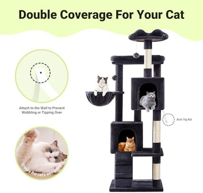Allewie 64 Inches Multi-Level Cat Tree Tower for Indoor Cats, Dark Grey