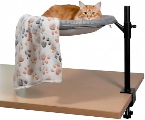 Cat Bed for Desk, 360 Rotating Elevated Hammock, All-Season Mesh & Fleece Office Pet Perch Set with Blanket and Hair Remover Brush