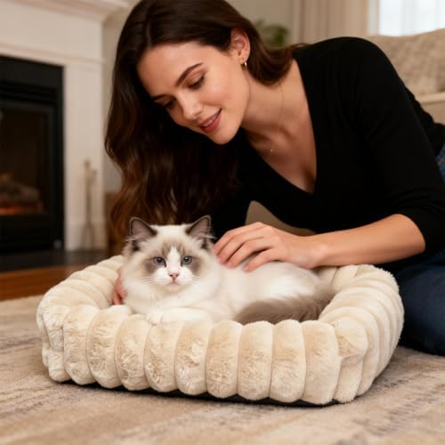 Tiny Pet Bed for Extra Small Dogs & Cats, Square Washable 18x14 Cat Bed with High Sides, Rectangle Calming Cat Beds for Indoor Kittens and Puppy, Soft Comfy Very Small Sofa for Pets Cozy Sleep, Beige