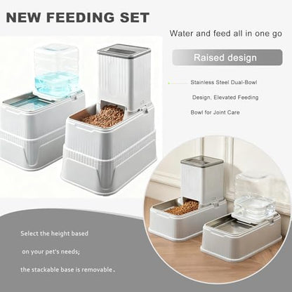 Elevated Dog Bowls Set, 1 Gallon Automatic Gravity Food Feeder & Water Dispenser with Stainless Steel Bowls, Adjustable Elevated Feeder for Small Medium Large Dogs, Anti-Choking & Neck Protection