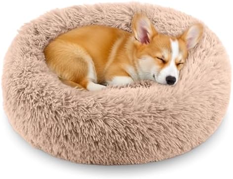 Calming Donut Dog and Cat Bed for Indoor Cats, Anti-Anxiety Round Fluffy Soft Washable Small Pet Bed for Puppy & Kitten, Warming Comfortable Luxury Anti-Slip Waterproof Mute Base 20in (Camel)