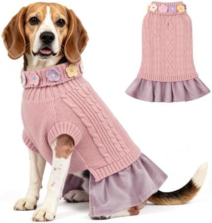 YUDODO Small Dog Sweater Dress with Bowtie Turtleneck - Knitted Pet Clothes