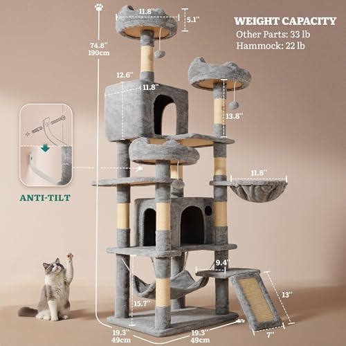 YITAHOME Tall Cat Tree for Indoor Cats, 75 inch Multi-Level Cat Tower with Cat Condos, Top Perches, Sisal Ramp Scratching Posts, Cozy Basket, Hammocks, Large Cat Pet Activity Structure, Light Gray