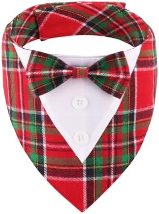ADOGGYGO Christmas Dog Tuxedo Bandana, Red Green Plaid Pet Xmas Collar with Bow, Adjustable Christmas Costume for Extra Small Dogs (XS)