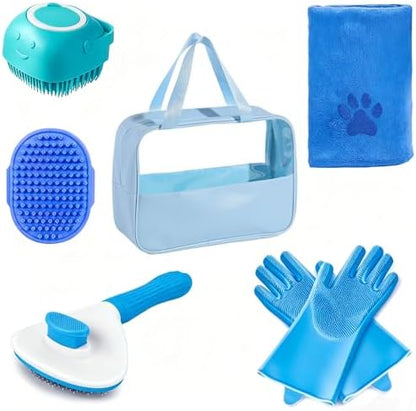 6PCS Blue Dog Bath Kit with Brush, Scrubber, Gloves, Towel & Bag