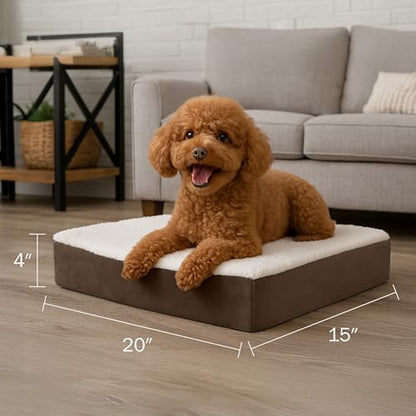 Orthopedic Dog Bed - 2-Layer Memory Foam Crate Mat with Machine Washable Sherpa Cover - 20x15 Pet Bed for Small Dogs Up to 20lbs by PETMAKER (Brown)