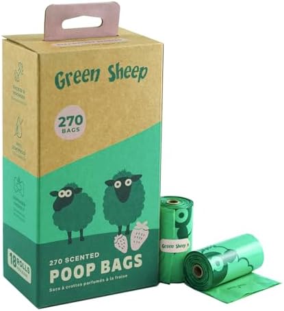 Green Sheep Strawberry Scented Poop Bags for Dogs & Cats, 270 Count, 65% GRS Certified Recycled PE, Dog Waste Bags, Pet Waste Bags, Doggy Poop Bags Rolls