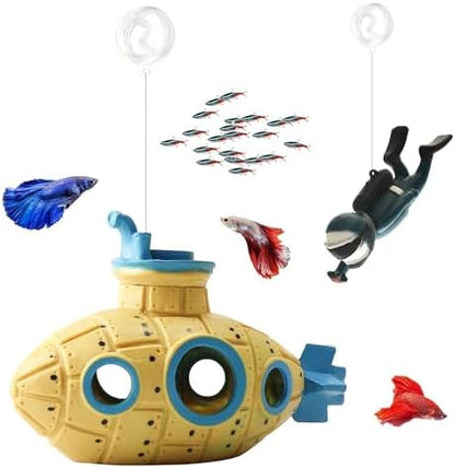 Floating Retro Submarine, Fish Tank Decoration for Aquarium, Yellow