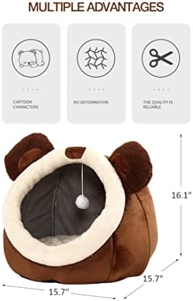 Cat Beds for Indoor Cats -Bear Animal-Shaped Cat Cave Bed with Toy,Brown L