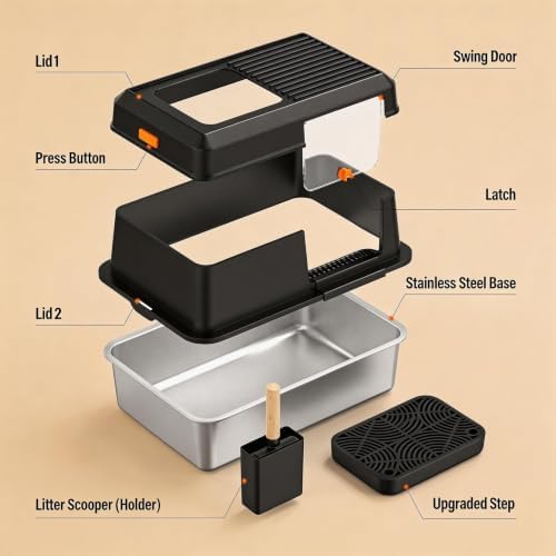 Extra Large Enclosed Stainless Steel Litter Box with Lid，Side Entry Top Exit High Sided Metal Cat Litter Pan，Non-Stick Easy Cleaning Anti-Urine Leakage for Big Cats，Includes Scoop & Step, Black