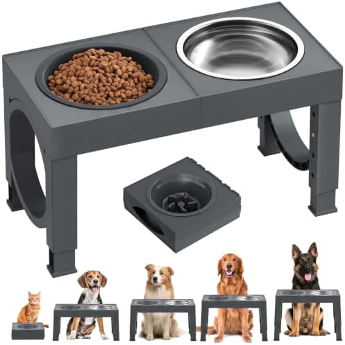 XIAZ Elevated Dog Bowls Large Breed Raised Dogs Bowl Stand Large/Medium Sized Dog Slow Feeder Dogs Bowls Food Water Stands 5 Heights Adjustable 9/11/12/14in Pet Feeder Dish Station