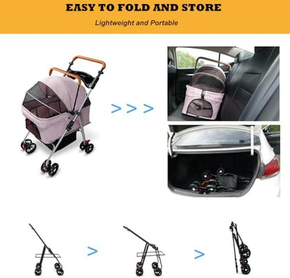 Pet Stroller with Storage Basket and Cup Holder, Folding Dog Jogger, Foldable Cat Stroller, 3 in 1 Puppy Kitten Cart, Pet Jogger for Medium Dog Cat (Pink)