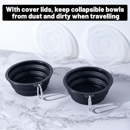 SLSON Dog Bowls Pet Collapsible Bowl with Cover Lids,2 Pack Dog Travel Bowls Portable Foldable Cat Water Dish Bowl for Pets Walking Parking Camping (Black and Black, Medium)