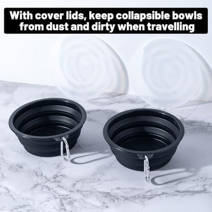 SLSON Dog Bowls Pet Collapsible Bowl with Cover Lids,2 Pack Dog Travel Bowls Portable Foldable Cat Water Dish Bowl for Pets Walking Parking Camping (Black and Black, Medium)