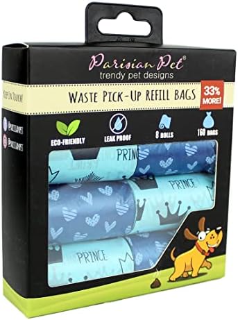 Parisian Pet Ecofriendly Dog Poop Bags Rolls - 160 Count Unscented Poop Bags For Dogs - Leakproof, Extra Thick, 8 Dog Waste Bags Refill Rolls - Prince Hearts Blue Doggie Poop Bags - Fits All Dispenser