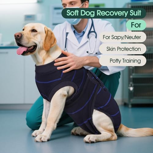 Kuoser Dog Surgery Recovery Suit, Soft Breathable Dog Recovery Suit for Female Spay Male Nueuter, Anti Licking Puppy Onesie Pet Surgical Suit for Dogs Abdominal Wounds Skin Disease, Blue Strips XL
