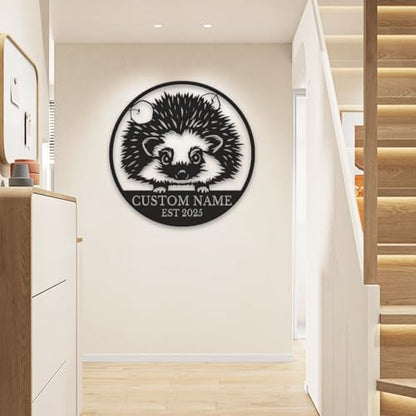 Custom Hedgehog Metal Sign, Personalized Name Wall Art, Unique Home Decor Gift, Garden Memorial Marker, Housewarming Present for Hedgehog Lovers (Style-4)