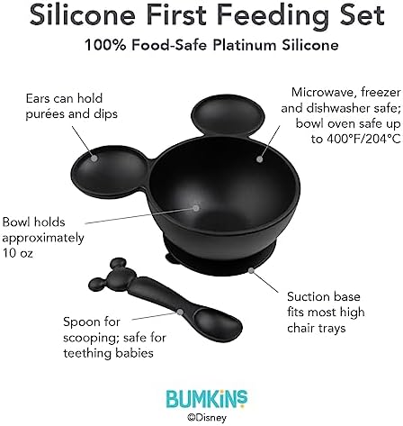 Bumkins Disney Mickey Mouse Bowl, Silicone First Feeding Set with Suction, Includes Spoon, Training Essentials for Baby-Led Weaning, Toddler Self-Feeding, Babies Eating at 4 Mos Up, Black