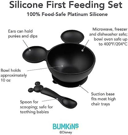 Bumkins Disney Mickey Mouse Bowl, Silicone First Feeding Set with Suction, Includes Spoon, Training Essentials for Baby-Led Weaning, Toddler Self-Feeding, Babies Eating at 4 Mos Up, Black