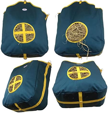 Majestic Ally Nylon Hay Feeder Tote Bag for Horse, Goat, Sheep - Double Sides Open Feed Hole with Faux Leather Ventilated Bottom- Premium Quality -Simulates Grazing - Reduces Waste (Hunter Green)