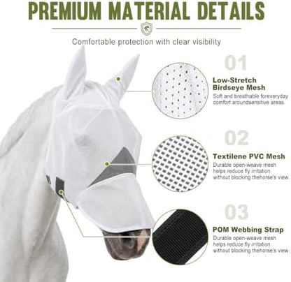 Dansydaisy Horse Fly Mask with Long Nose & Ears, Breathable Full Face Flymask, UV Block, 3D Eye Protection, for Quarter Horses, Warmbloods, Thoroughbreds, Other Standard Head-Type Horses(White)