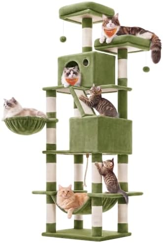 Feandrea Cat Tree, 81.1-Inch Large Cat Tower, Multi-Level Condo, Green