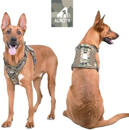 Auroth Tactical Dog Harness for Large Dogs No Pull Adjustable Pet Harness Reflective K9 Working Training Easy Control Pet Vest Military Service Dog Harnesses Woodland Camo XL