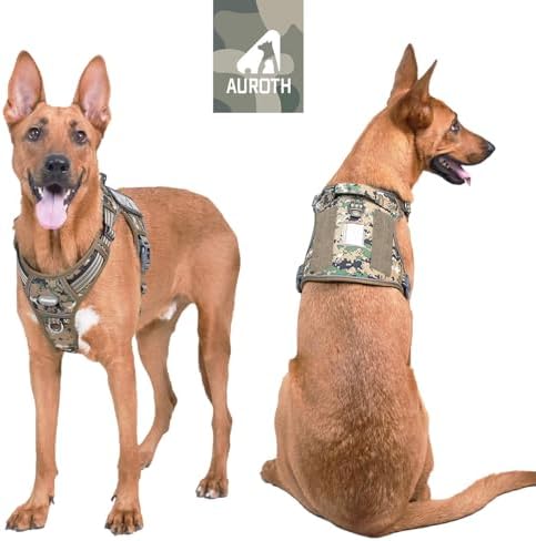 Auroth Tactical Dog Harness for Large Dogs No Pull Adjustable Pet Harness Reflective K9 Working Training Easy Control Pet Vest Military Service Dog Harnesses Woodland Camo XL