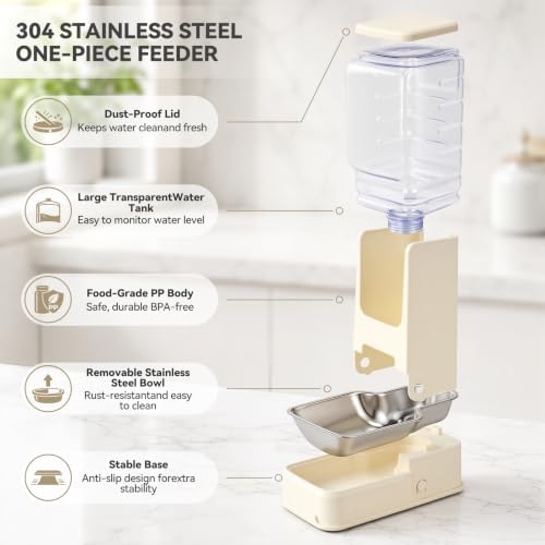 2 Pack Automatic Cat Feeder Stainless Steel Gravity Food and Water Dispenser for Small Medium Kitten Puppy Pets (Cream)