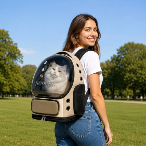 Cat Bubble Backpack Carrier, TSA Airline Approved Pet Travel Bag for Small Medium Dogs, Clear Hiking Camping Backpack for Cats, Kitten and Puppy up to 18 lbs, Khaki Bubble