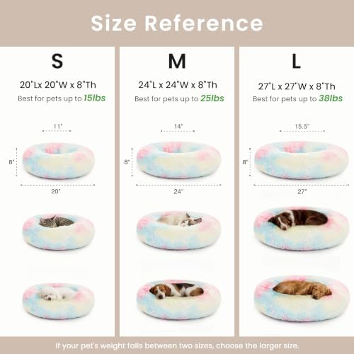 Love's cabin Calming Cat Bed for Indoor Cats, Anti-Anxiety Donut Round Dog Bed,Fluffy Faux Fur Washable Pet Bed for Small Medium Dogs and Cats, Rainbow, 24in