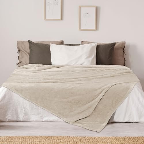 DEZ FURNISHINGS Ultra Soft Plush Fleece Throw Blanket, Double Sided Cozy Thick Warm Blanket for Sofa & Bed, Queen (90" x 92"), Beige