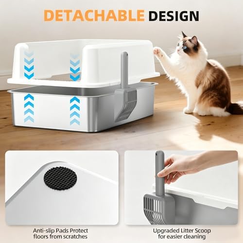 WoofiGo XXL Stainless Steel Cat Litter Box, High Sided Open Top Litter Pan