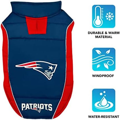 NFL New England Patriots Puffer Vest for Dogs & Cats, Size Large. Warm, Cozy, and Waterproof Dog Coat, for Small and Large Dogs/Cats. Best NFL Licensed PET Warming Sports Jacket