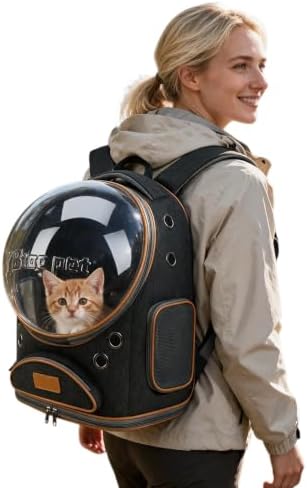 Cat Backpack Carrier, Breathable Cat Carrier Large Space Bubble Pet Backpack for Small Dog and Large cat up to 18lbs, Transparent & Foldable Pet Carrier for Travel Hiking (Black)
