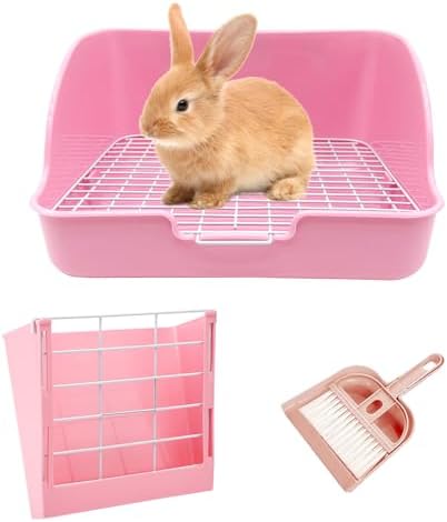 Rabbit Litter Box Bunny Potty Box Guinea Pig Hay Rack Feeder Rabbits Corner Litter Pan Potty Trainer Pet Toilet with Cleaning Set for Hamster, Guinea Pig, Ferret and Other Animals (Pink)